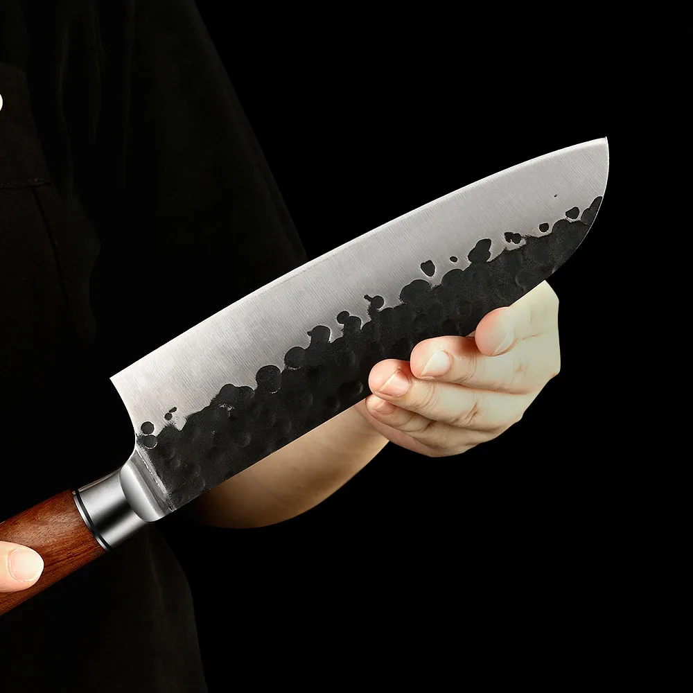 Santoku Oțel Inoxidabil Kurouchi Hammered, Mâner din Lemn de Trandafir 18 cm