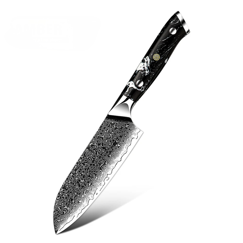 Santoku Scurt VG-10 Damasc, Maner Rasina si Fibra De Carbon 13cm