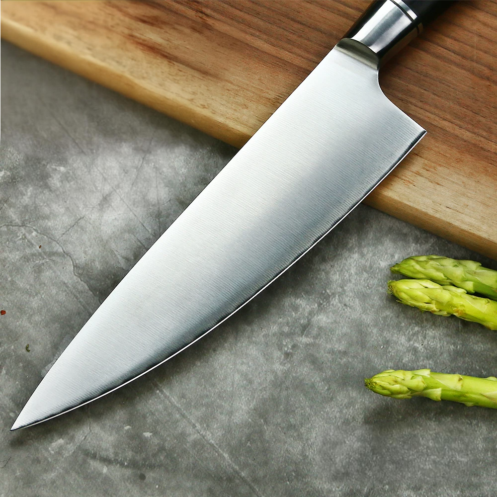 Blade of a German Steel Chef Knife that is perfect for precise cutting