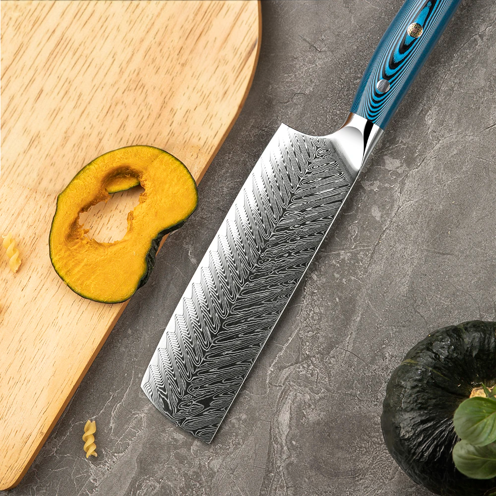 Nakiri Otel Inoxidabil Carbon Martensitic Damasc, Maner Albastru Pakkawood 18 cm