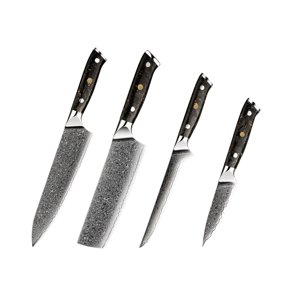 A set of kitchen knives with Damascus steel blades and black resin and carbon fiber handles.