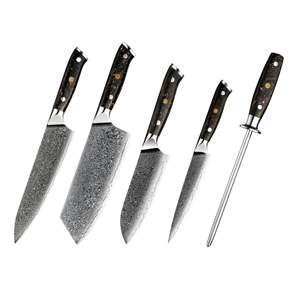 A set of kitchen knives with Damascus steel blades and black resin and carbon fiber handles, including a chef's knife, a santoku knife, a bread knife, and a sharpening steel.