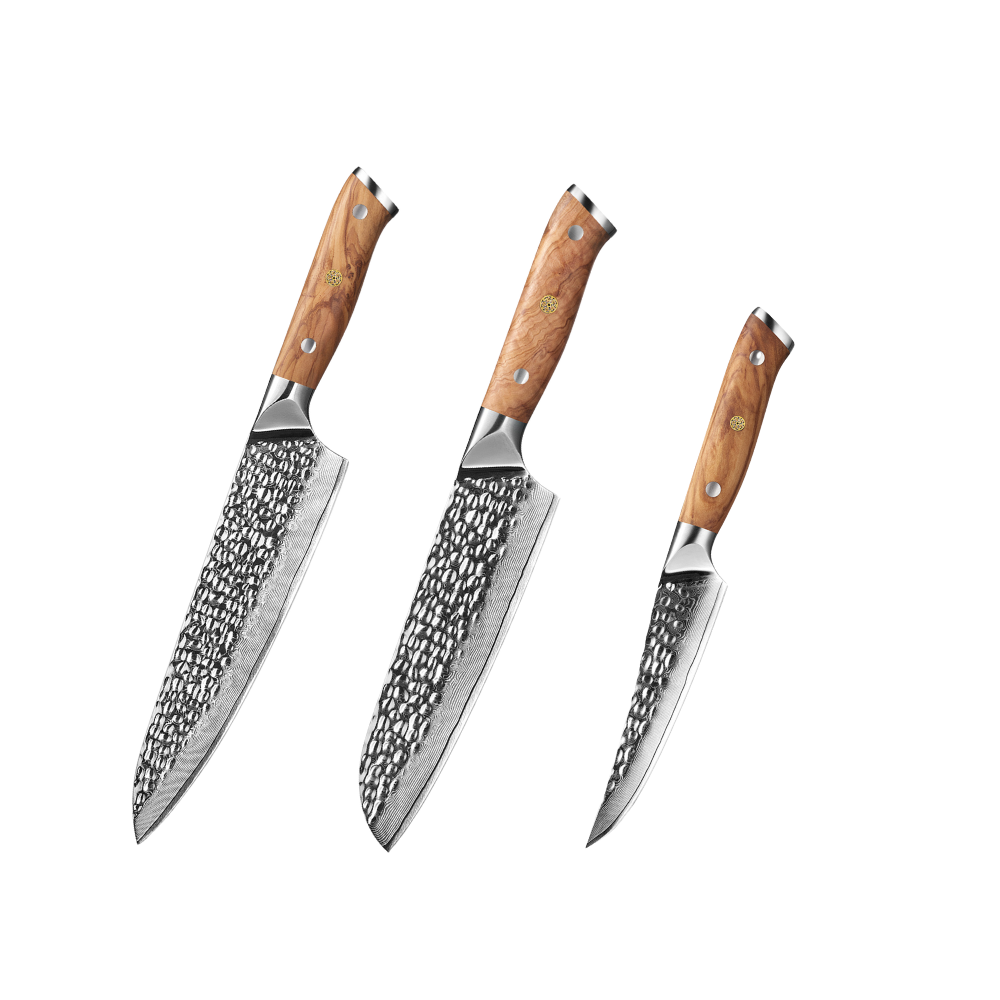 Three chef's knives with wooden handles on a white background