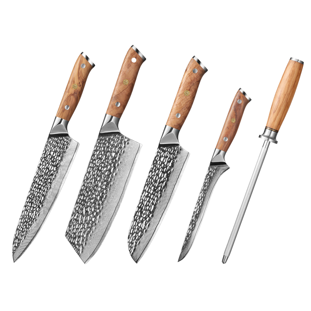 Set of five knives with wooden handles on a white background
