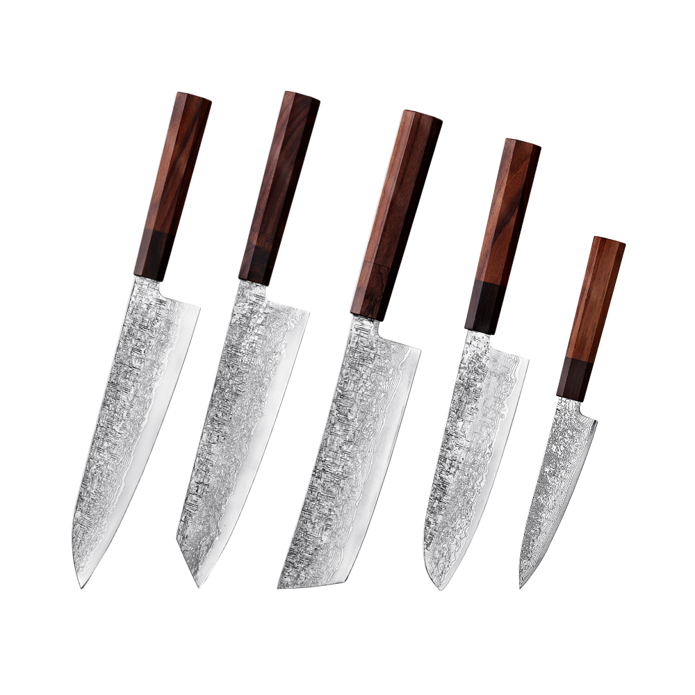 Set of five japanese knives  with wooden handles on a white background