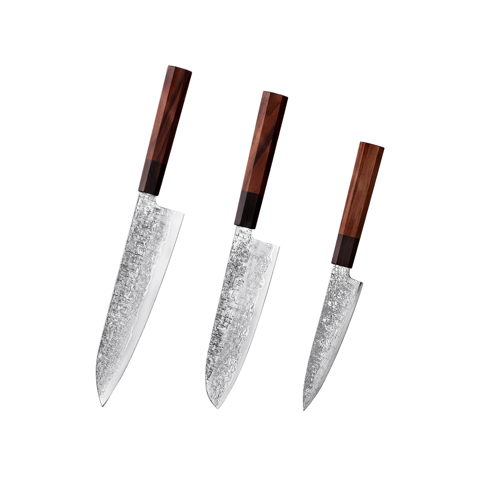 Three japanese knives with wooden handles on a white background