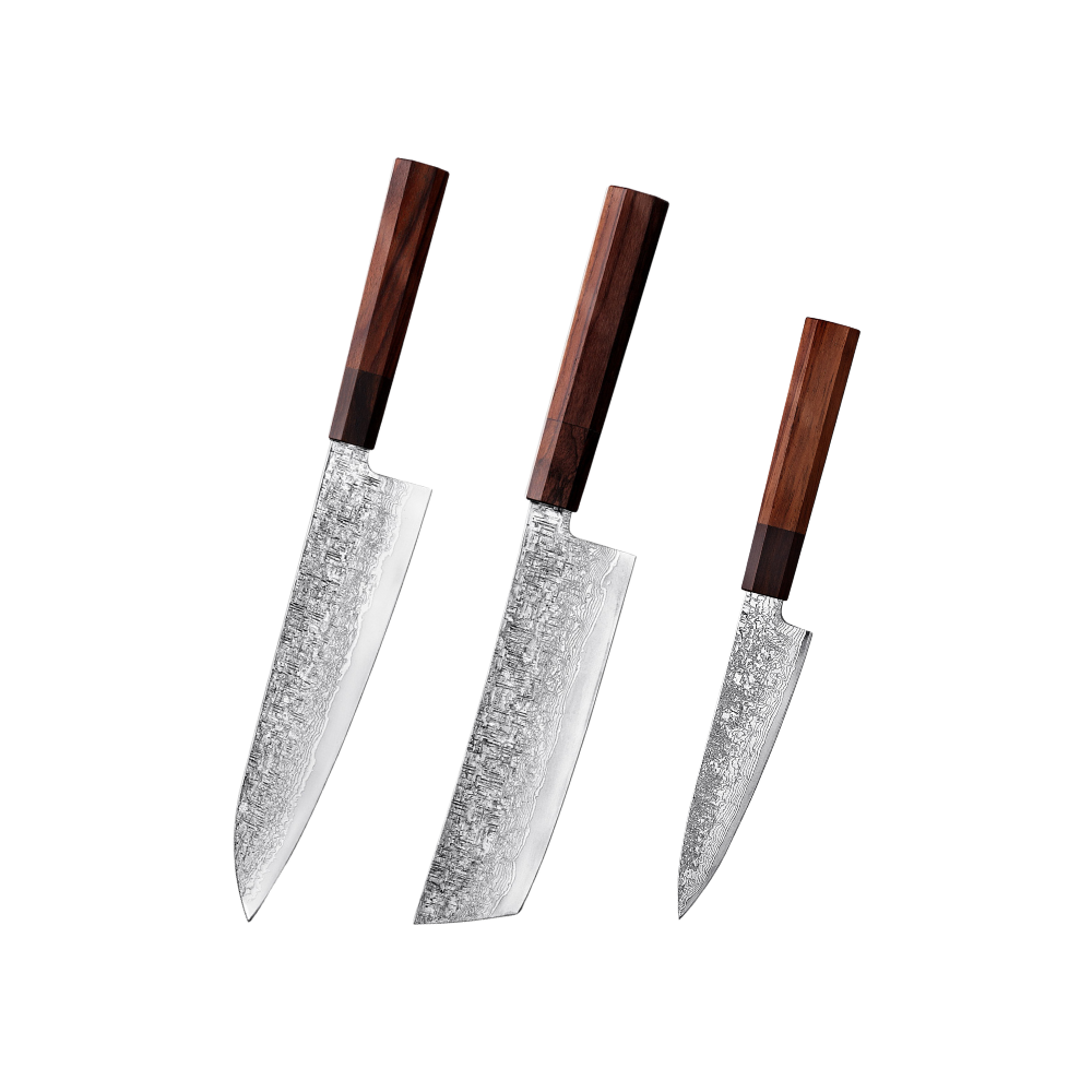 Artisan Damascus Knife Set with wooden handles on a white background