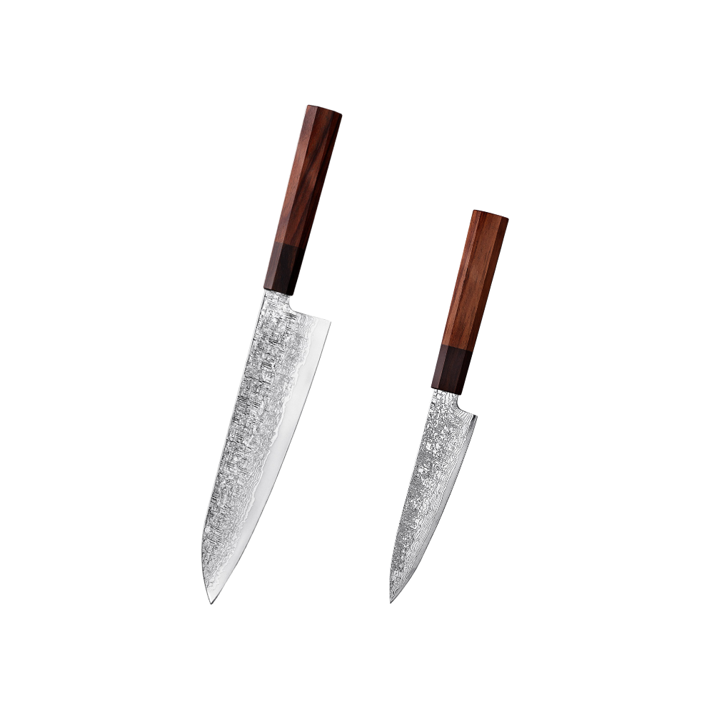 Artisan Japanese Damascus Knife Set with wooden handles on a white background