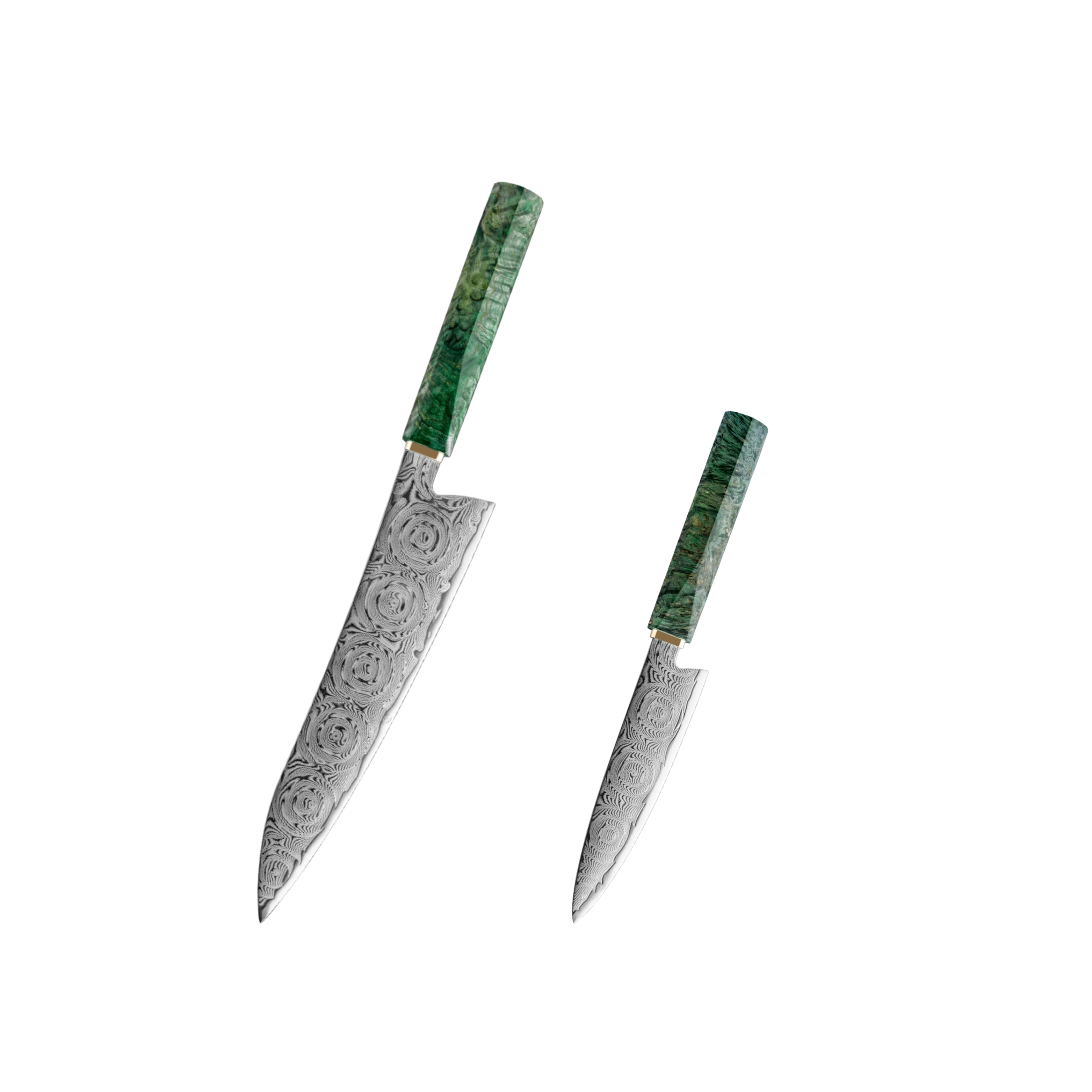 Two Damascus steel kitchen knives with textured green handles, one large chef's knife and one smaller utility knife, displayed on a clean white background.