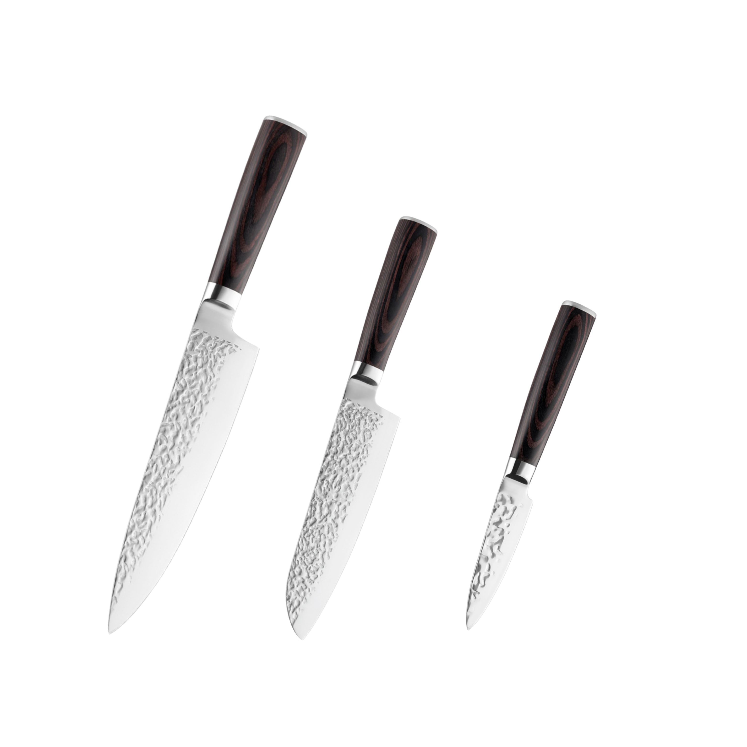 Set Hikari din oțel inoxidabil hammered – Cuțitul bucătarului, Mini Santoku și cuțit Paring H332