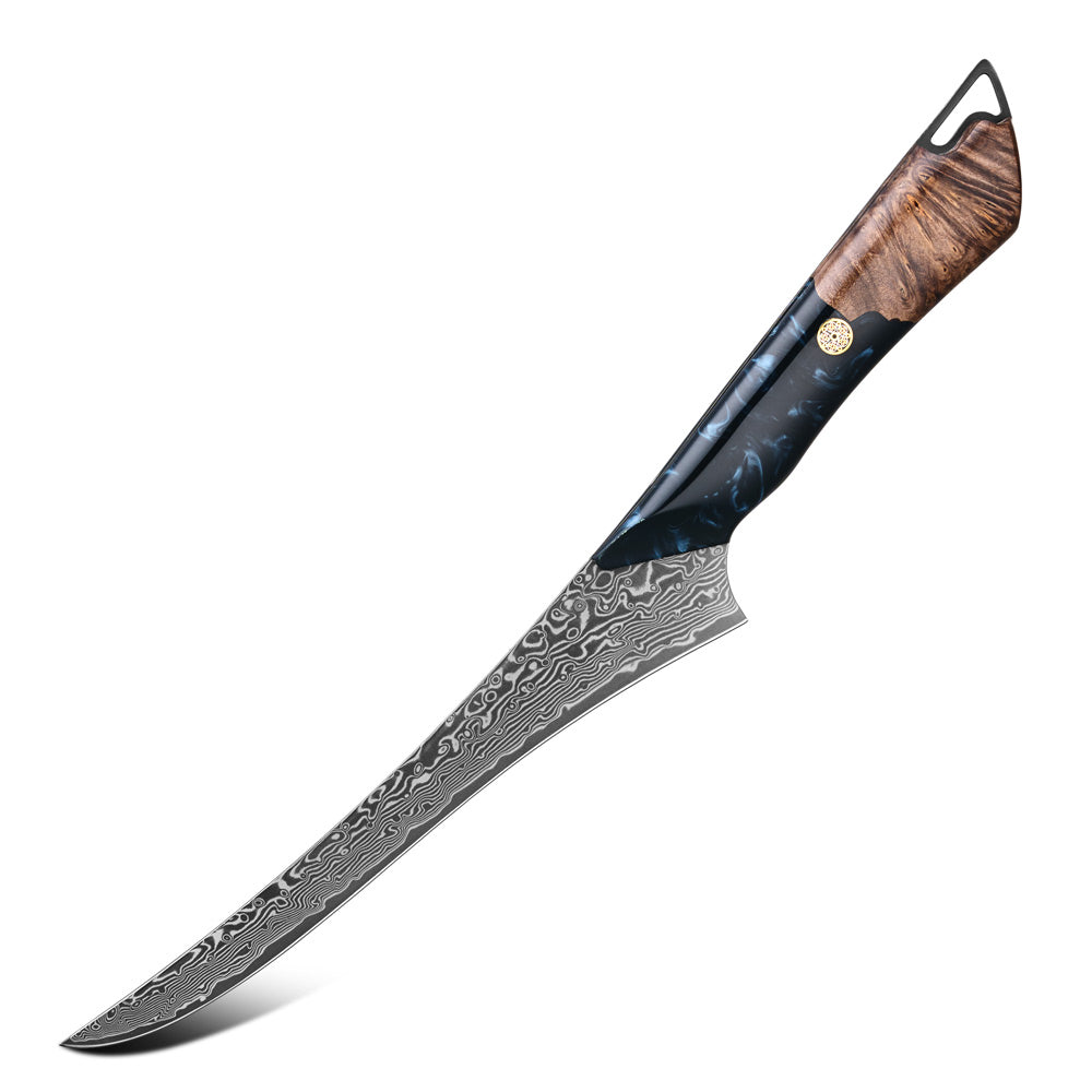 A high-end Japanese-style kitchen knife with a Damascus steel blade, a black and blue marbled handle, and a brown wood inlay, shown diagonally on a white background.