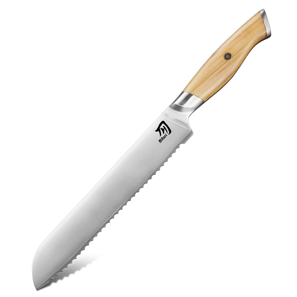 A kitchen knife with a serrated stainless steel blade and a light natural wood handle, shown diagonally on a clean white background. The brand logo 'Hikari' is visible on the blade.