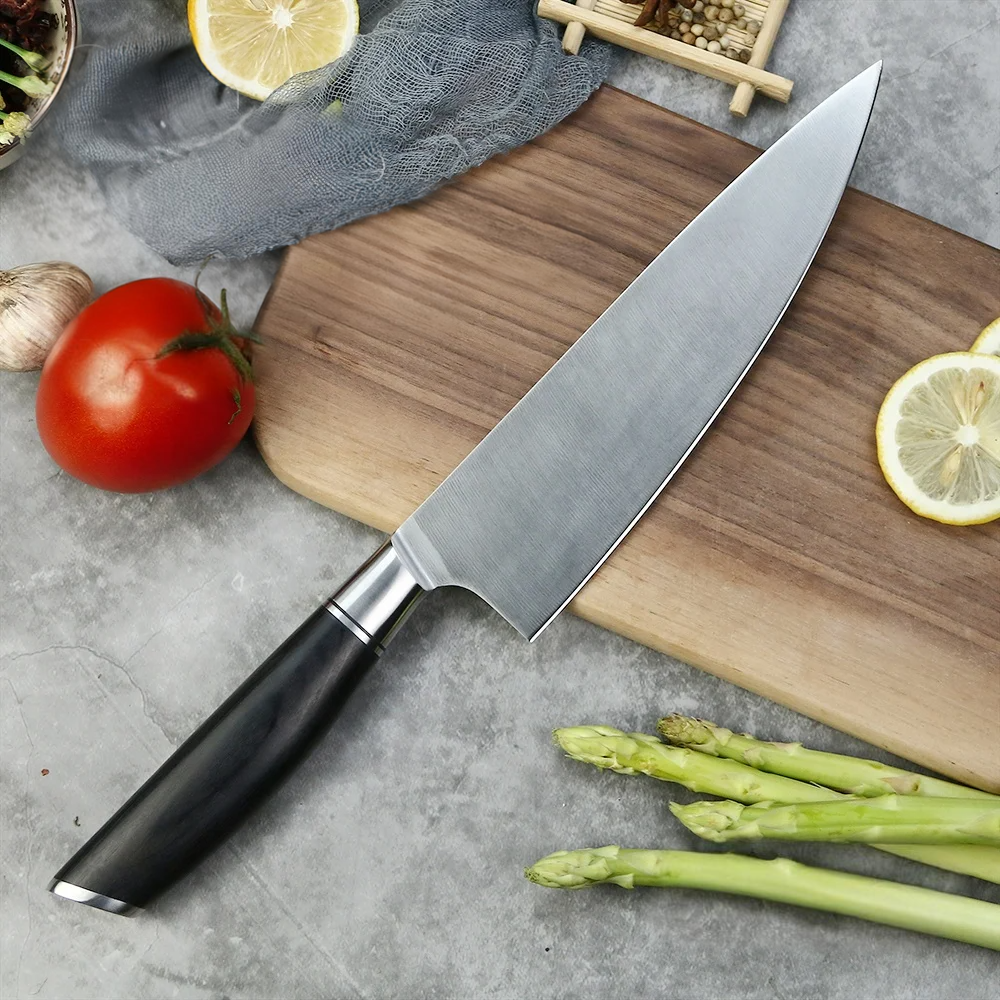 German Steel Chef Knife on cutting board prepared for Precise Cutting