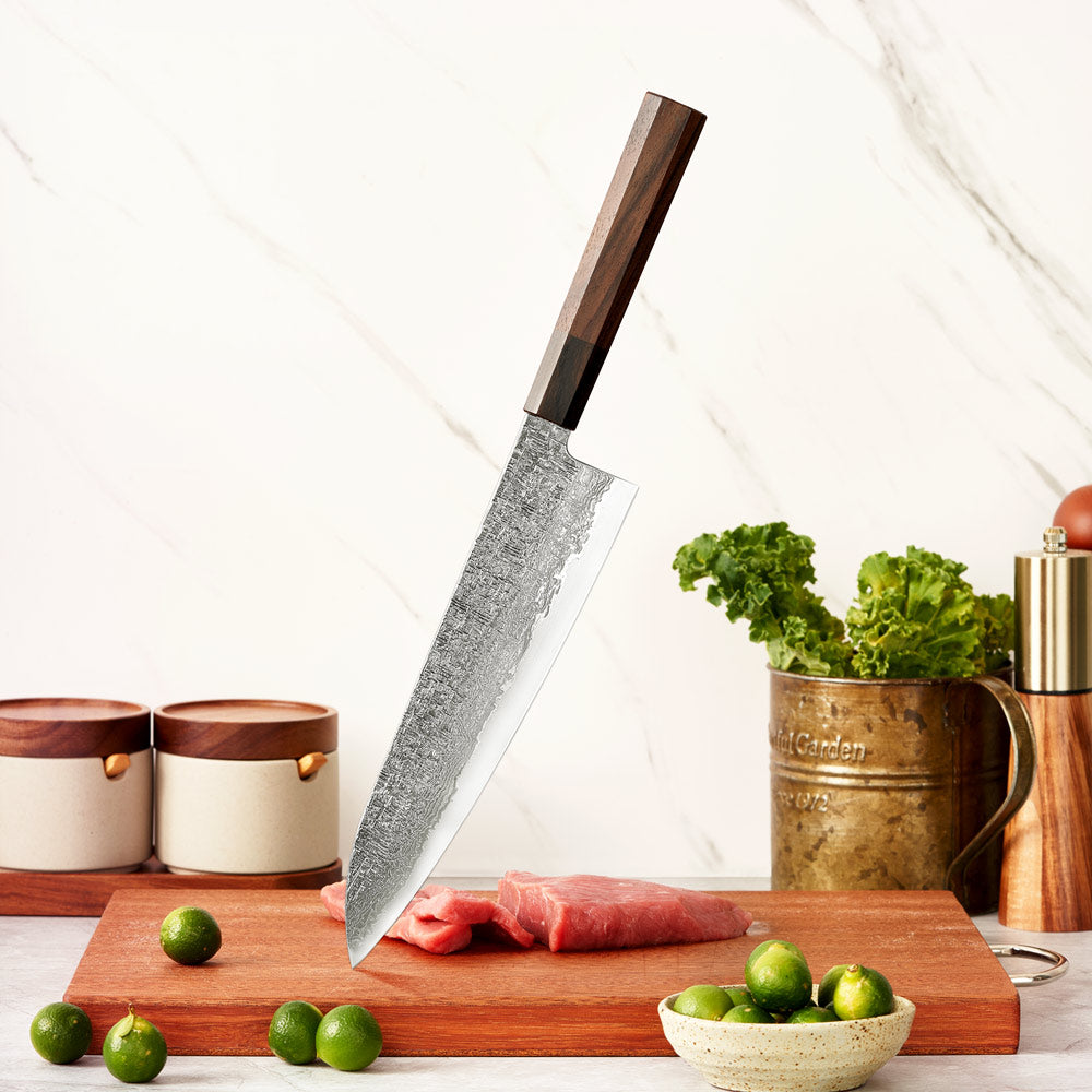 Chef's knife with wooden handle on a cutting board with ingredients