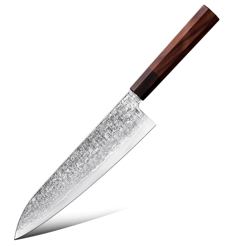 Chef's knife with a wooden handle on a white background