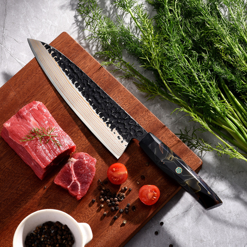 Premium Chef's Knife, Hikari Knife - Japanese Style, VG -10 with Damascus Finish and Copper Handle - Hikari