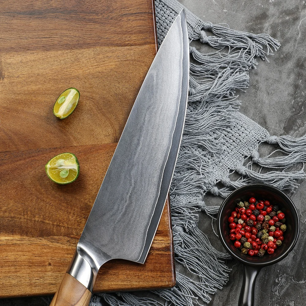 Chef Knife VG10 Sandblasted on cutting board closer look on the blade