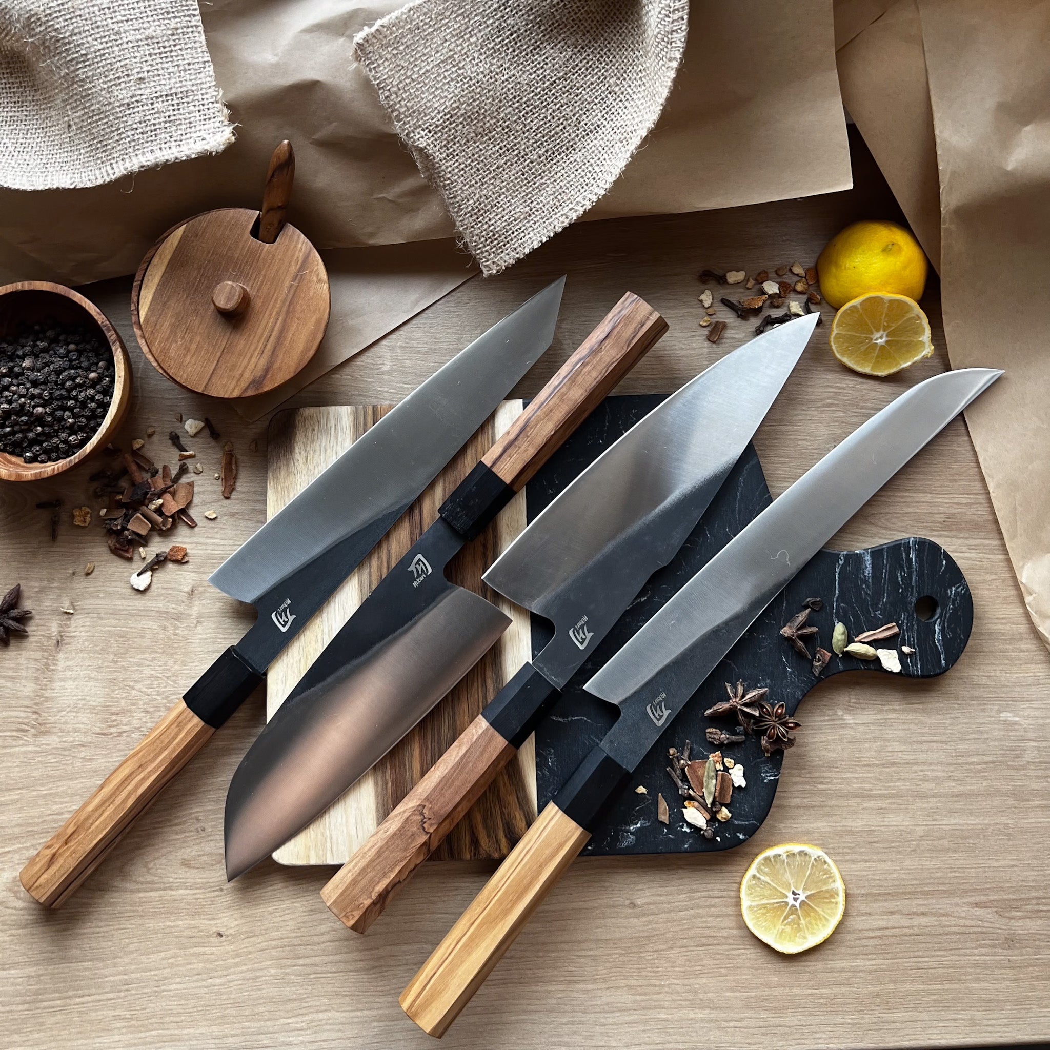 Collection of japanese professional knives for kitchen