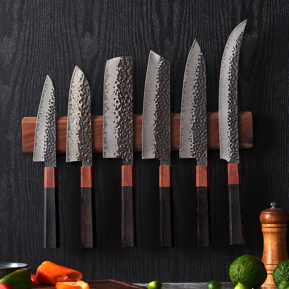 Collection of sharp japanese damascus knives with bamboo handle