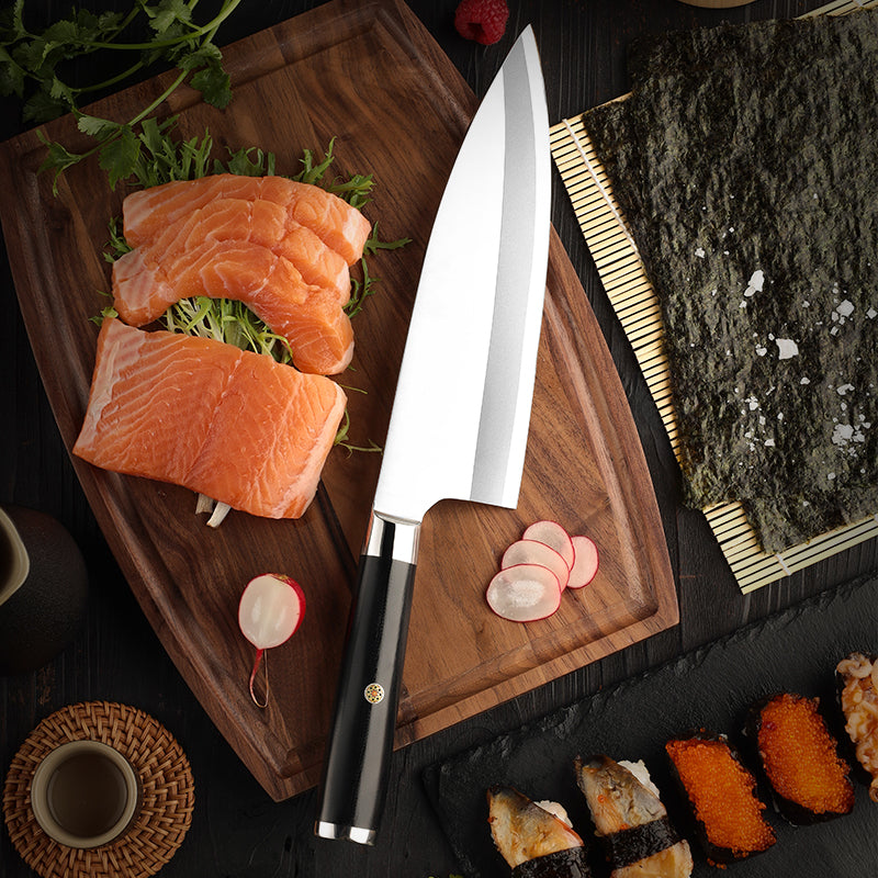 Deba Knife, Hikari Knife fish knife for professional and premium cuts on a wooden cutting board with salmon and sushi