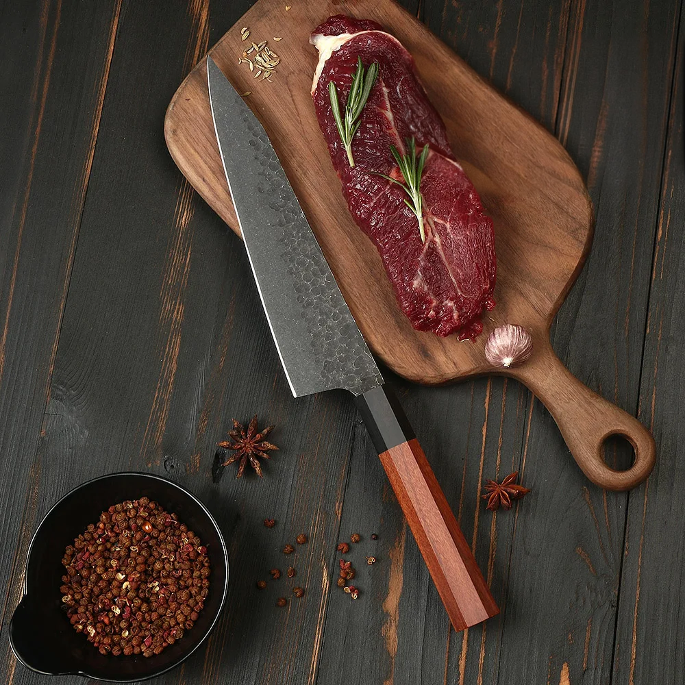 Carbon Steel Kiritsuke Knife and Rosewood Handle with a beef Steak nicely marbled