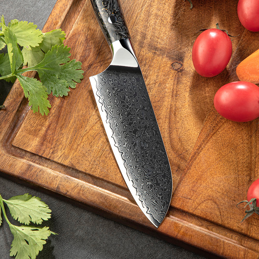 Cuțitul Santoku, Hikari – Cuțit Universal pentru Felierea Cărnii, Peștelui și Legumelor, Lamă 13 cm oțel Damasc