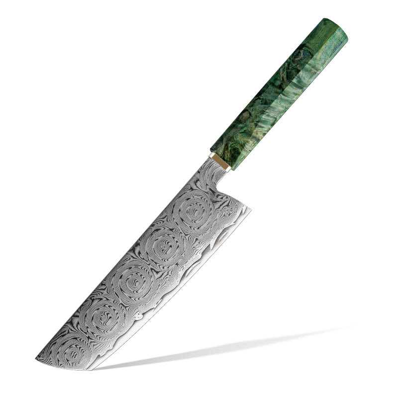 Decorative nakiri knife with a green handle and ROSE DAMASCUS PATTERN blade on a white background