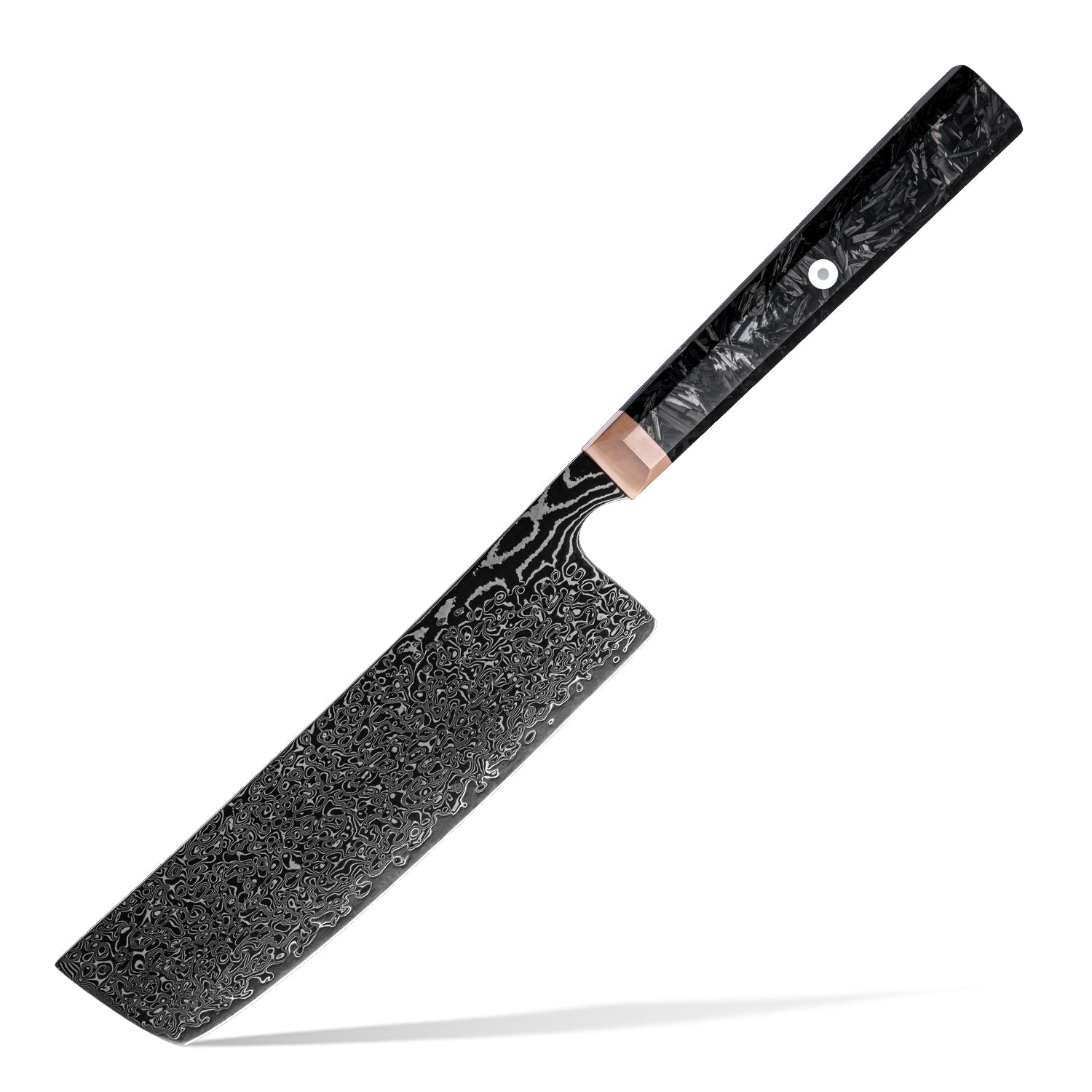 Black kitchen knife, nakiri vegetables knife with a decorative handle on a white background