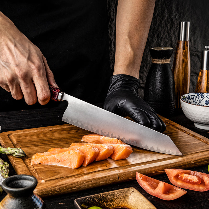Cuțit Kiritsuke Hikari – Cuțit de bucătar japonez profesional cu lamă frosted și mâner din rășină