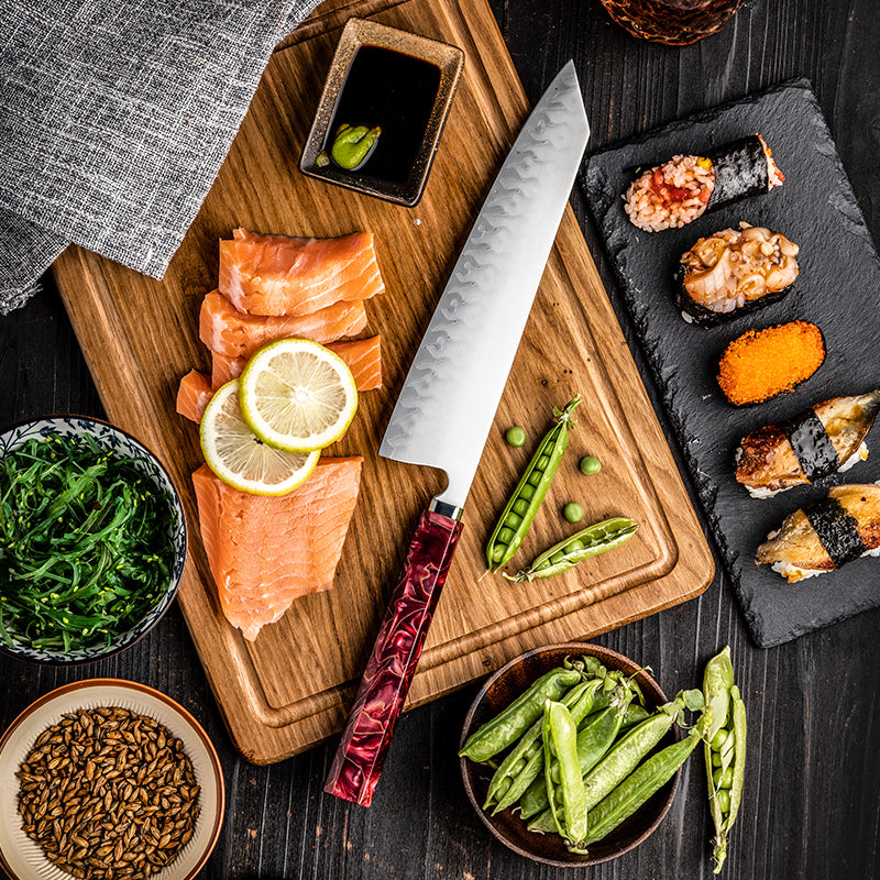 Cuțit Kiritsuke Hikari – Cuțit de bucătar japonez profesional cu lamă frosted și mâner din rășină