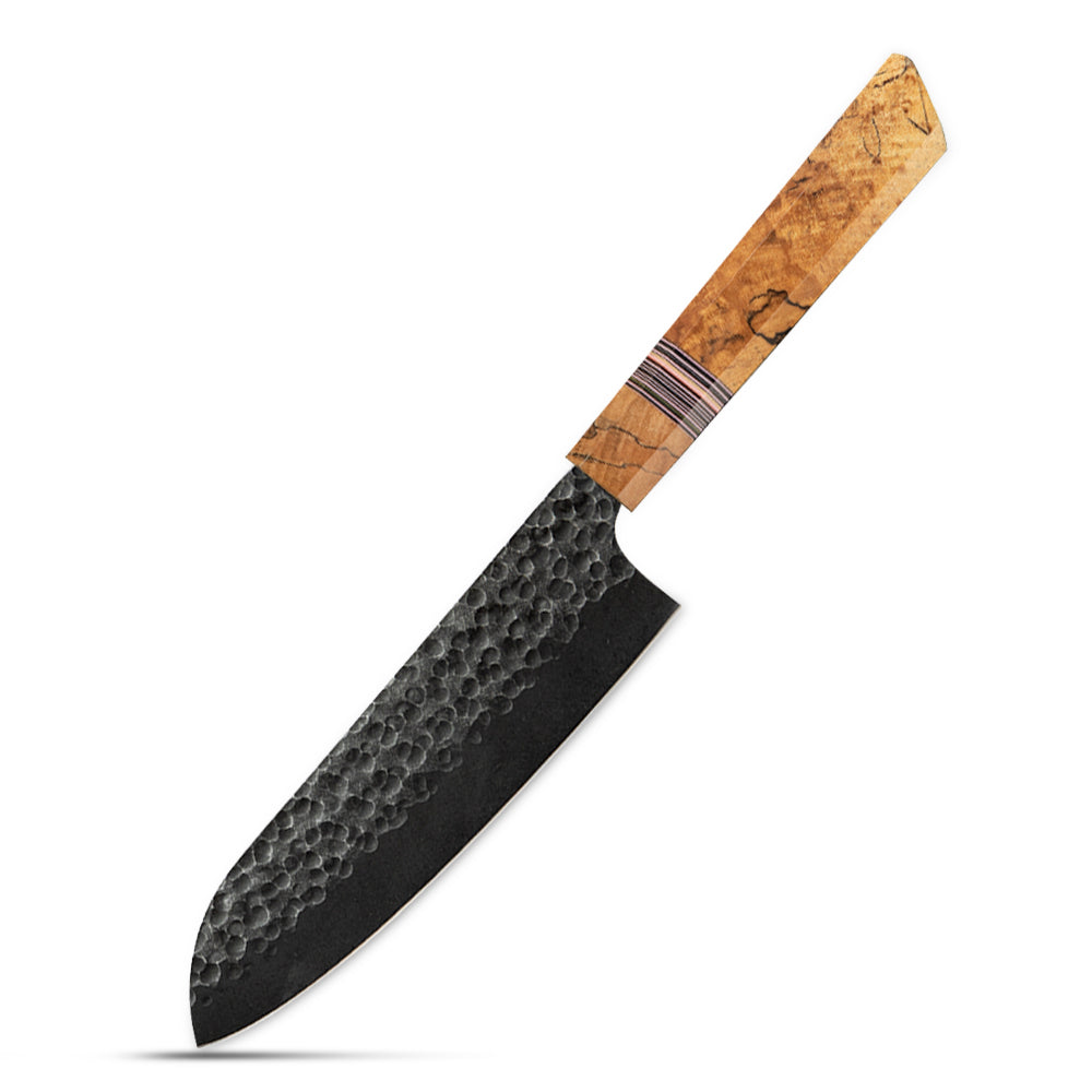 Cuțit de Bucătărie Santoku – Cuțit Versatil pentru Tăiat Carne și Legume, Stil Japonez, cu Lamă din Oțel Carbon și Mâner din Artar