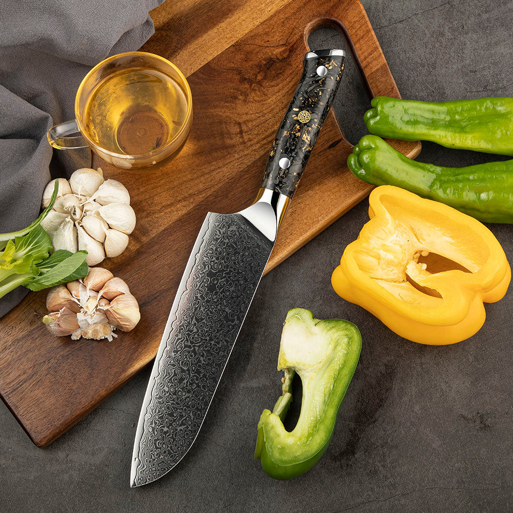 Cuțit Profesional Santoku – Lamă din Damasc și VG-10 18 cm, Mâner din Fibră de Carbon, Cuțit pentru Bucătărie