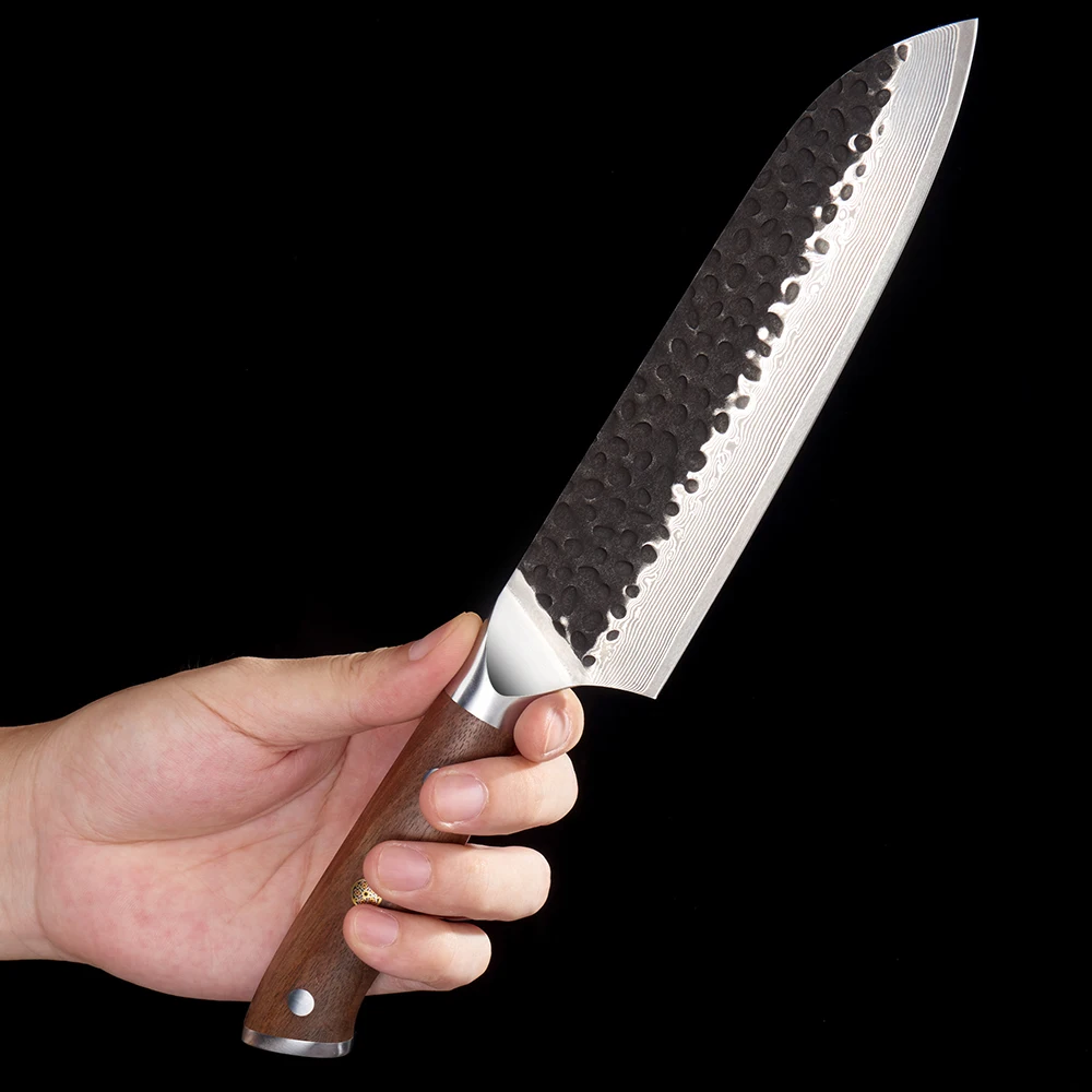 Cuțit de Bucătărie Versatil / Santoku – Lamă din Damasc VG-10, Mâner din Nuc pentru Carne și Legume