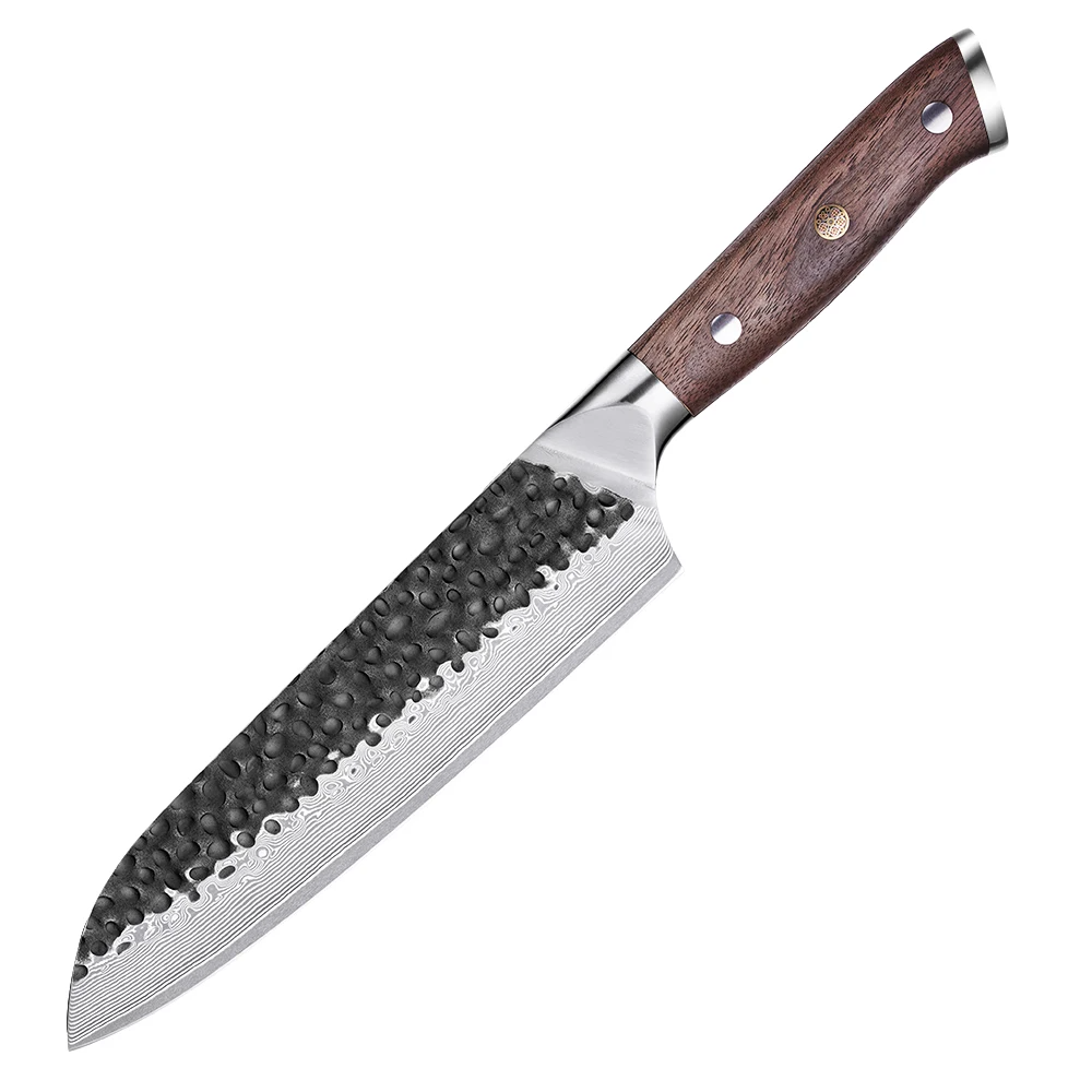 Cuțit de Bucătărie Versatil / Santoku – Lamă din Damasc VG-10, Mâner din Nuc pentru Carne și Legume