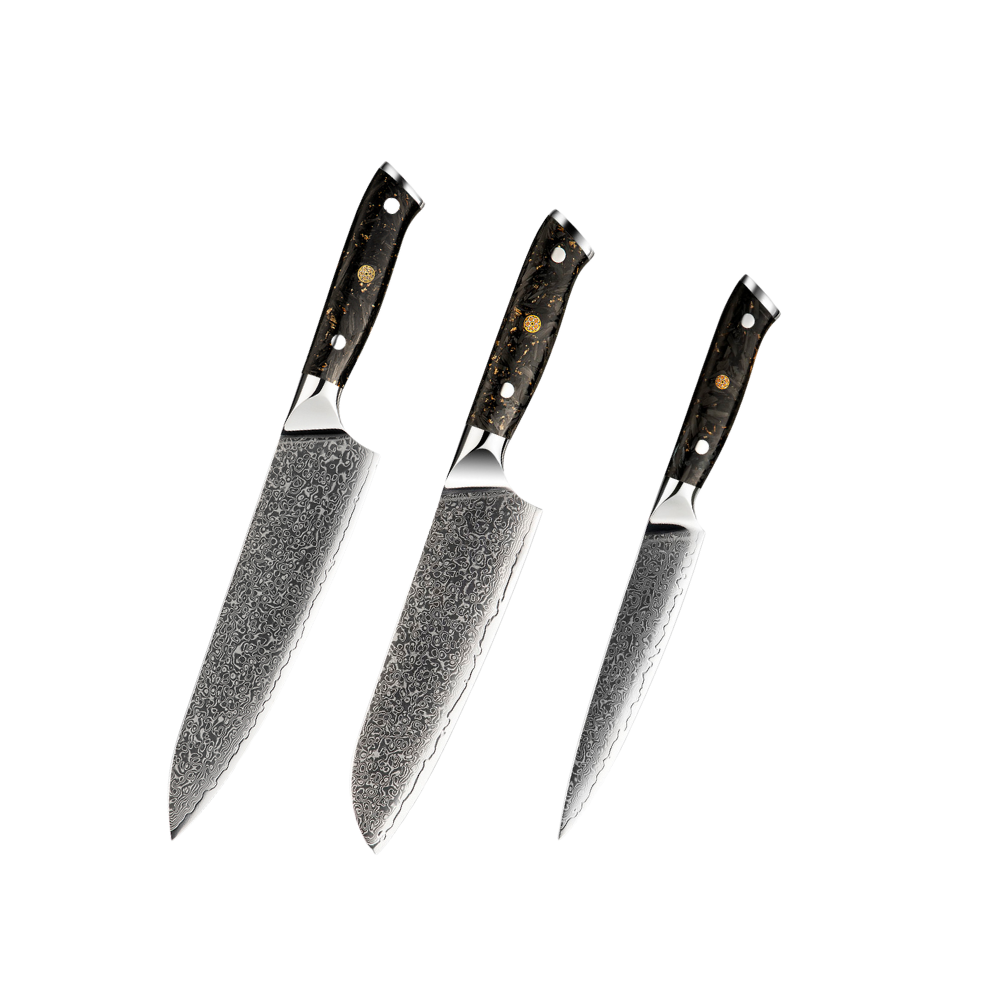 A set of three kitchen knives with Damascus steel blades and black resin and carbon fiber handles.