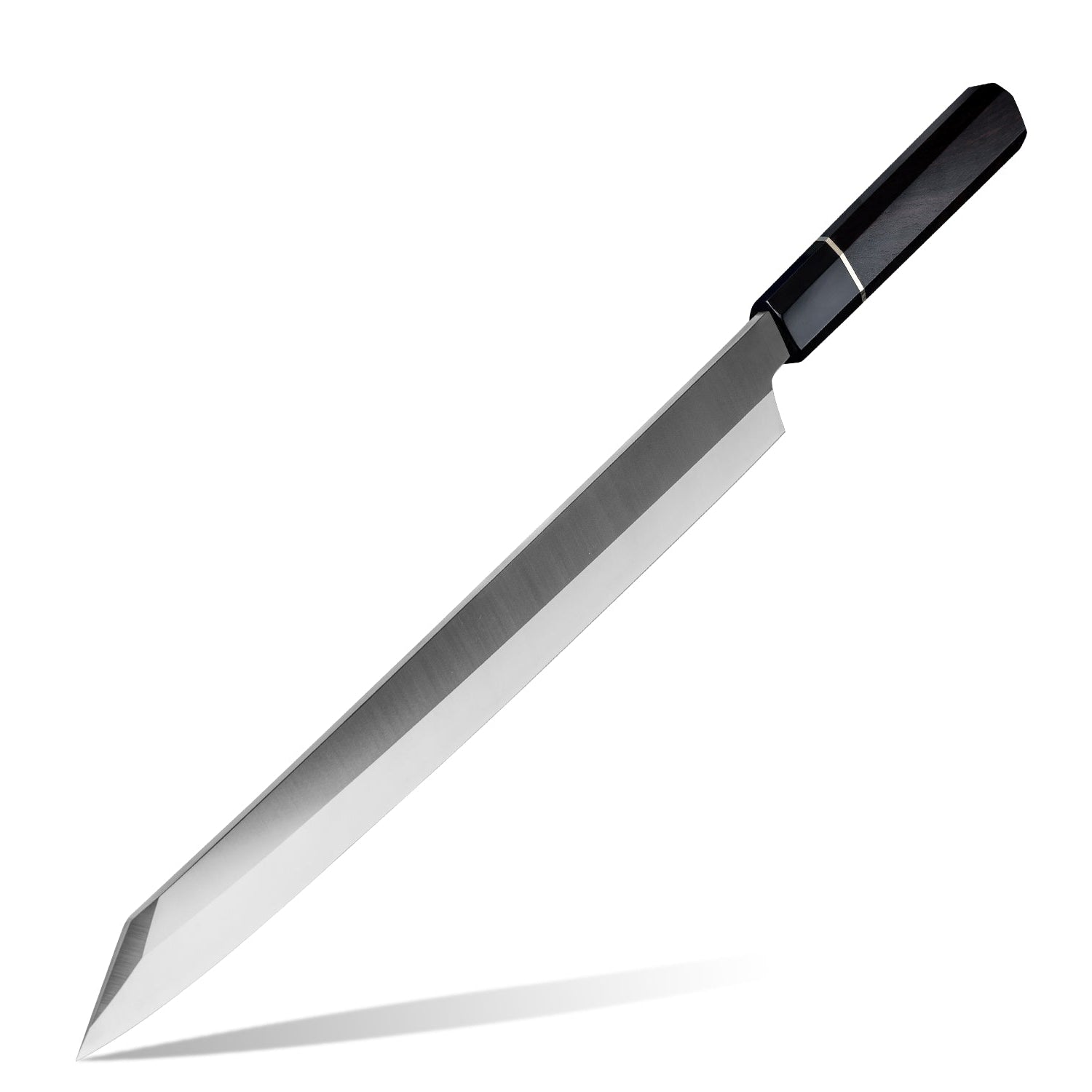 Professional Japanese Knife Yanagiba with carbon steel blade with a black buffalo and ebony handle on a white background